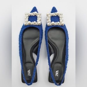 Zara Women's Blue Slingback Flats with Pearl Buckle